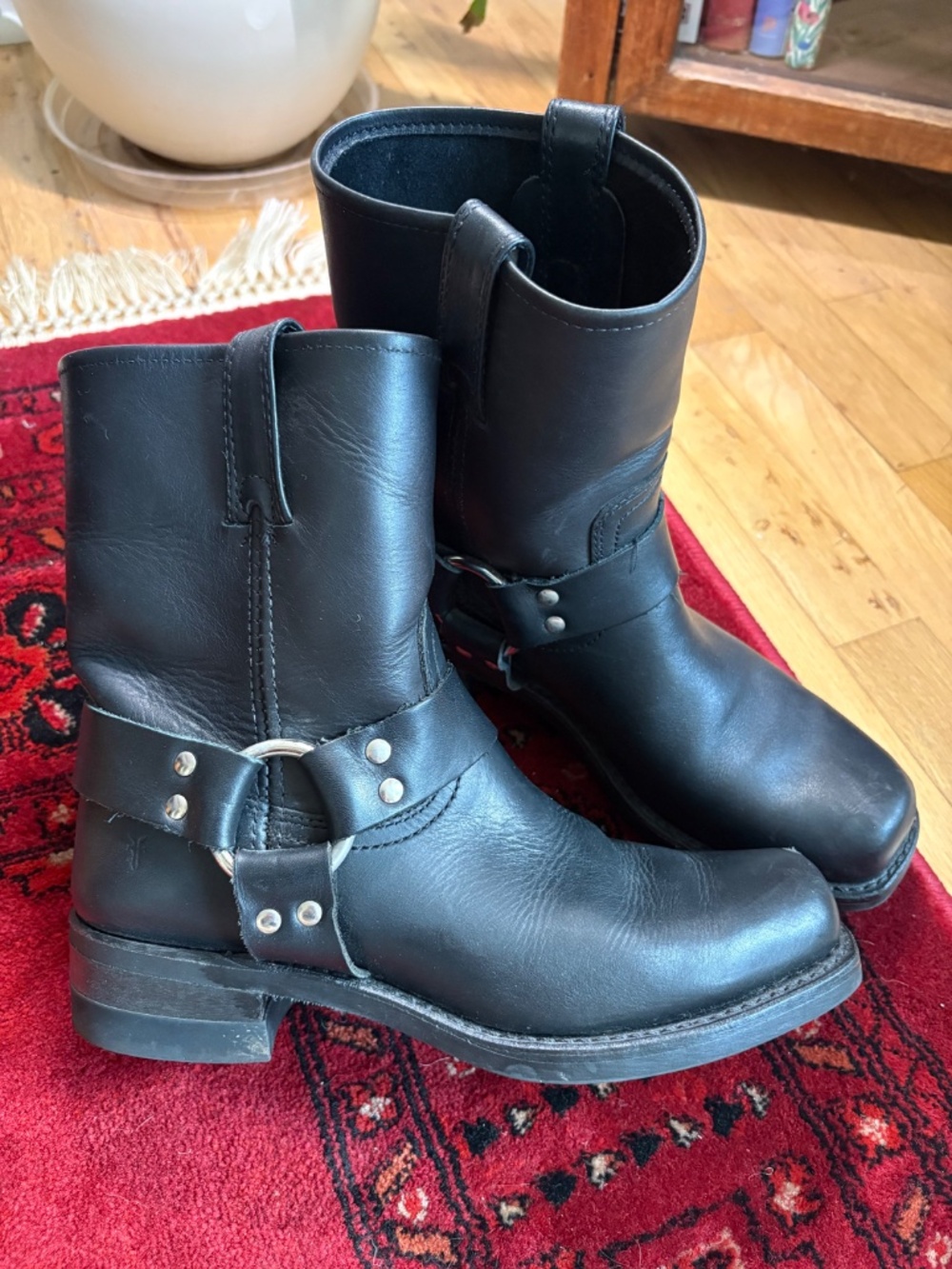 Frye Black Harness 8R Leather Square Toe Boots Men's US 8